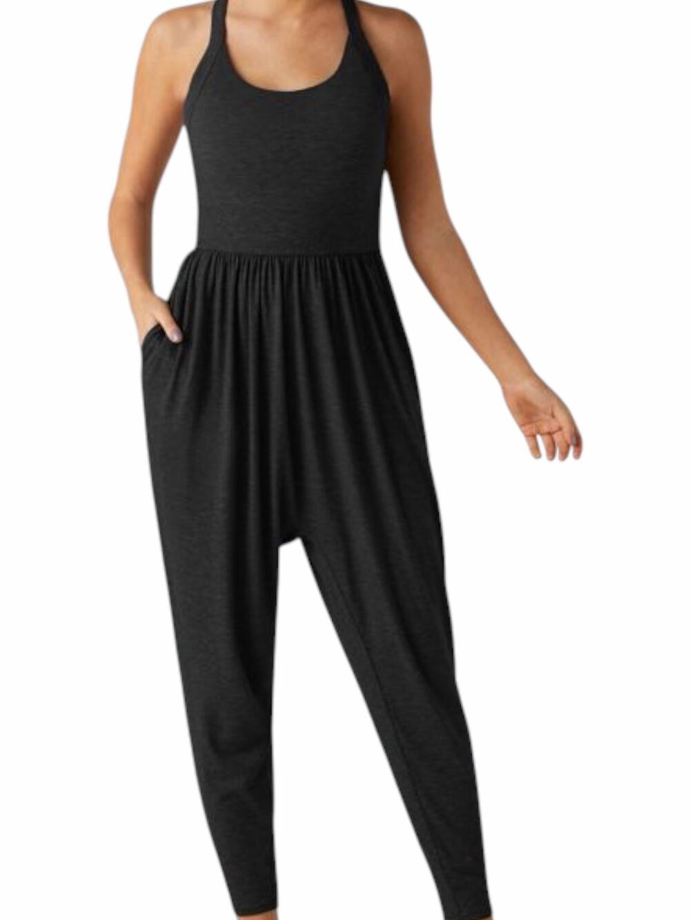 Halara Black Twist Back Harem Jumpsuit Pockets Sleeveless Size L NWT